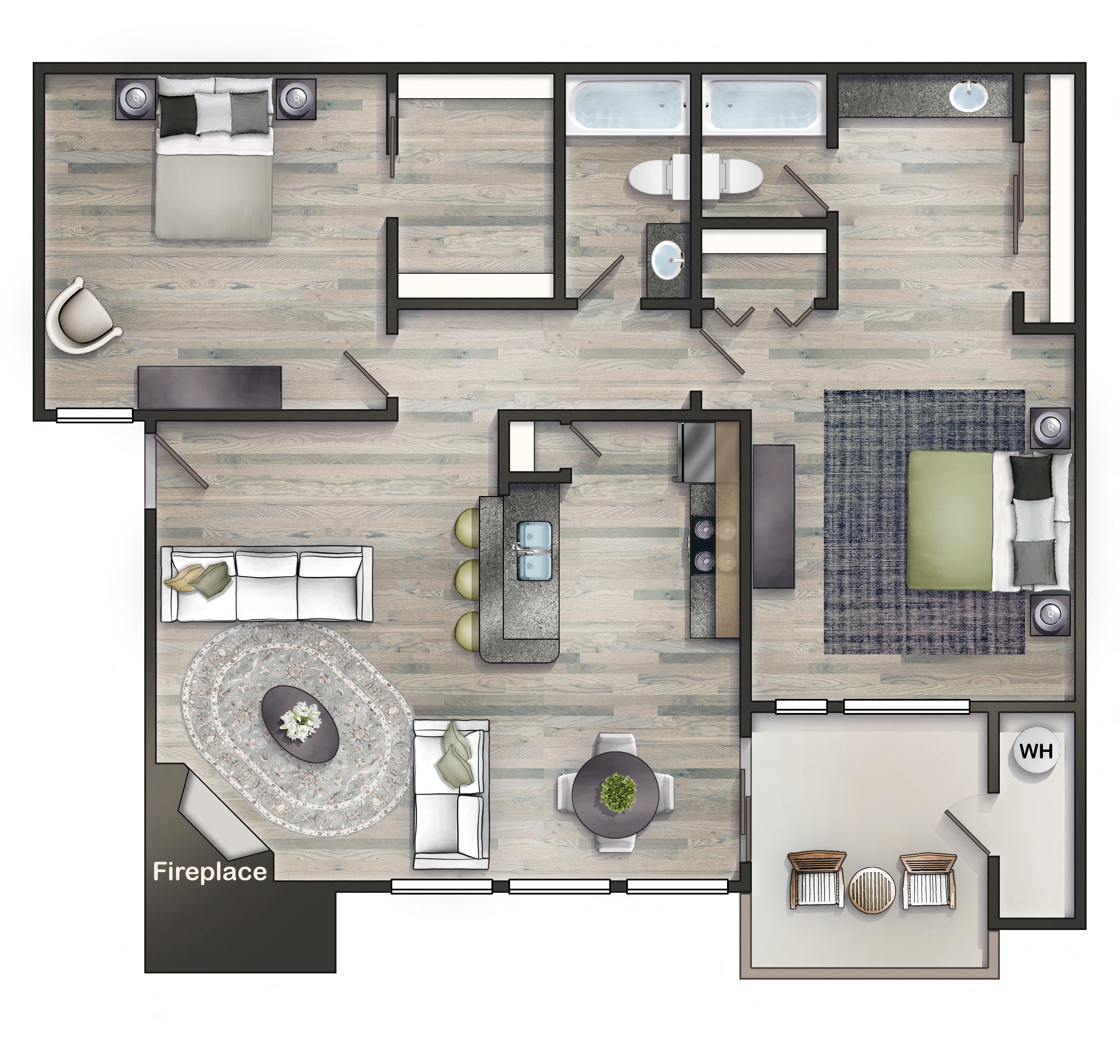 Floor plan for 2 beds, 2 baths, 904 sqft